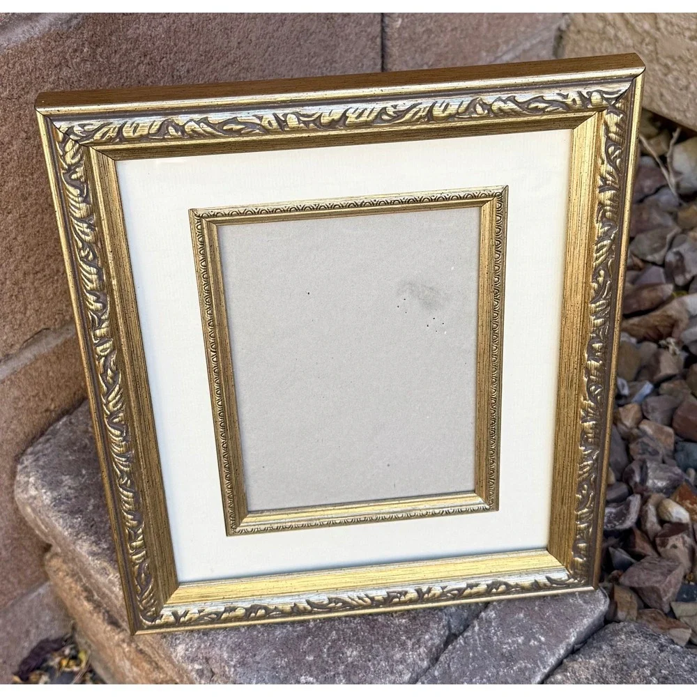 Picture Frame 5x7 Gold Ornate Leaf Double Matted Traditional Free Standing